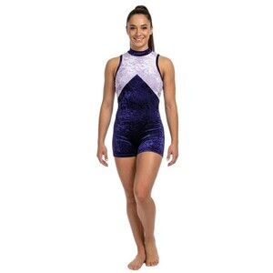 Gilda Marx VTG High Neck Crushed Velvet Keyhole Biketard Unitard Purple XS (Y/J)